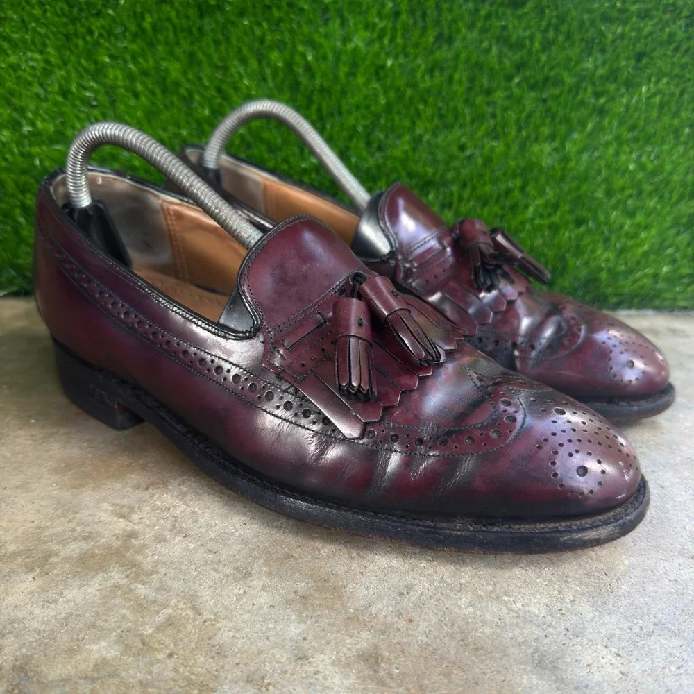 Vintage 90s Johnston and Murphy Tassel Loafers Wingtip Brogue Burgundy 8 D